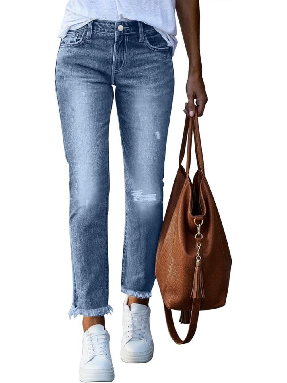 Women's Blue High Waisted Raw Hem Cropped Jeans Ripped Pocket Straight Leg Pants